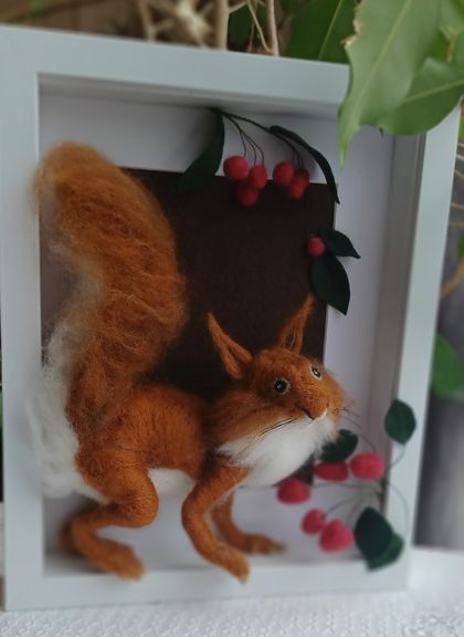 Needle felted squirrel with red berries & raspberries.