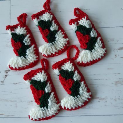 Crochet Christmas Stocking Tree Ornaments x5