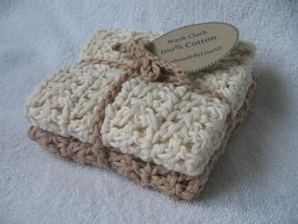 Crochet Cotton Wash Cloths, natural/beige