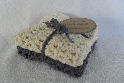 Crochet Cotton Wash Cloths, natural/dark grey