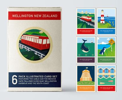 6 card gift pack of A6 greeting cards with craft envelopes – Wellington New Zealand series illustration. 