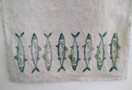 Block printed tea towel - Fish in a line