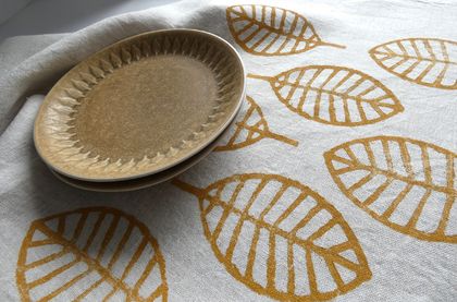 Block printed tea towel - Scandi leaves