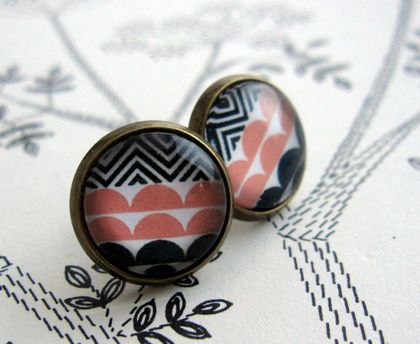 sale - Patterned glass dome stud earrings - peachy pink, navy, black and white