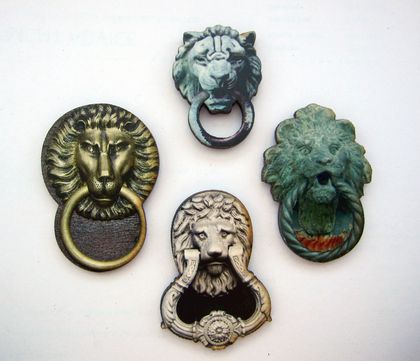 Lion head door knockers - woodcut magnet set