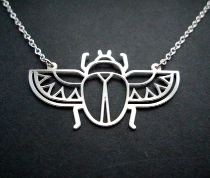 Winged scarab beetle stainless steel pendant necklace