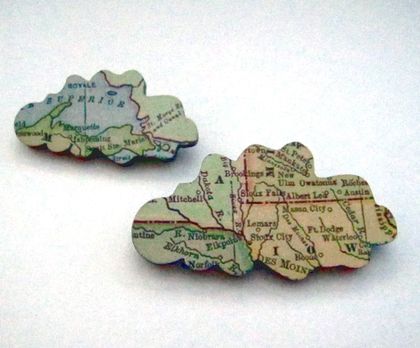 vintage map cloud twinset woodcut brooches