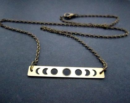 Moon phases -  etched brass bar necklace