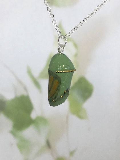 TRANSITIONING MONARCH CHRYSALIS - handmade pendant with painted detail