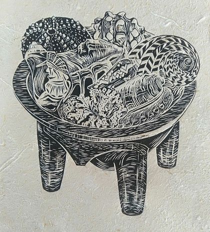 Gran's Fijian Shell Collection - Original Hand Printed Linocut