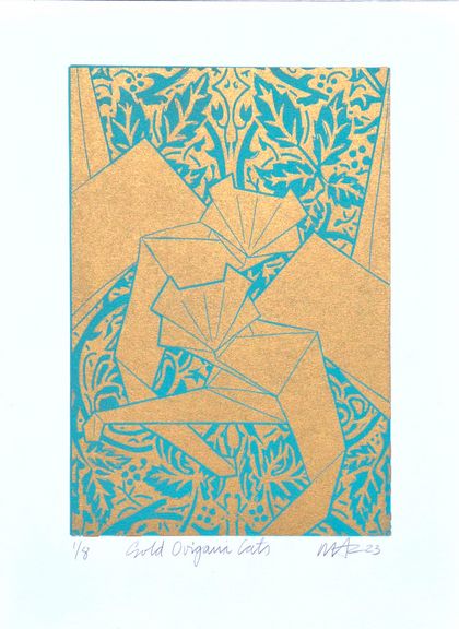 Gold Origami Cats  - Gold & blue/green print 2023