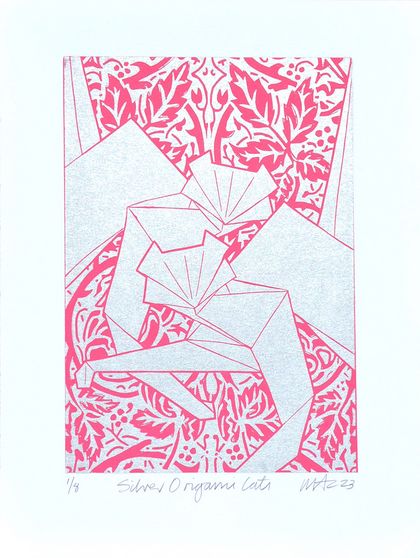 Silver Origami Cats  - Gold & pink print 2023