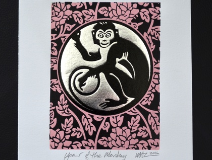The Year of the Monkey - Lino Print Pink/Black & Silver foil