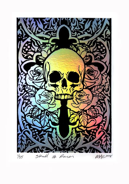 Skull & Roses - large Silver Holographic Foil Skull Print