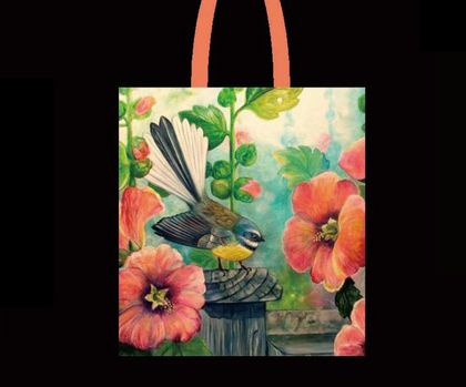 Fantail and Hollyhocks Tote Bag, NZ artist Irina Velman 