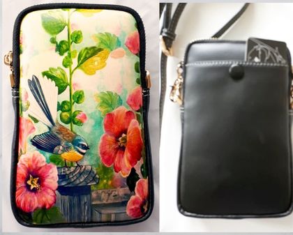 Leather Cell Phone Bag with Adjustable Strap, Fantail and Hollyhocks