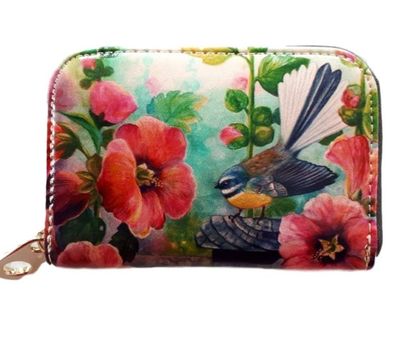 Leather Card Holder- Fantail and Hollyhocks flowers