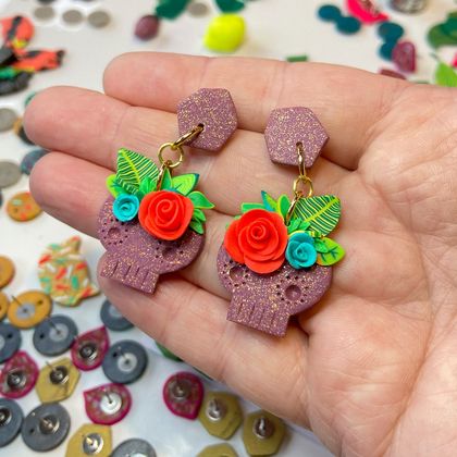 Day of the Dead Skull Flower Stud Drop Earrings | Individually handmade | Lightweight Polymer Clay |