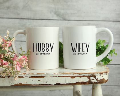 Custom Personalised Matching Wedding Mugs-Hubby Wifey Design