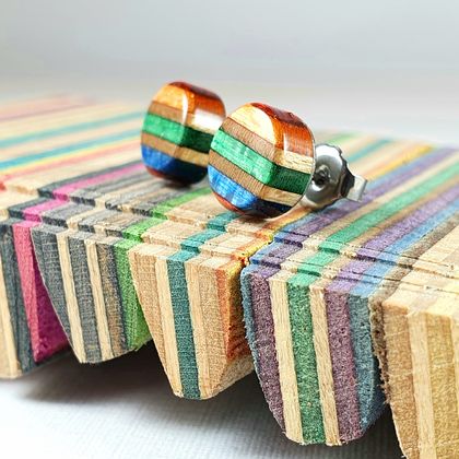 Recycled wooden earring studs (skateboard)