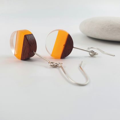 Recycled Wood, with  Orange and clear perspex earrings