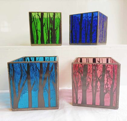 Stained Glass Candle Holder - Pink with Trees