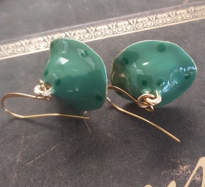 Earrings - Green Enamel Mushrooms