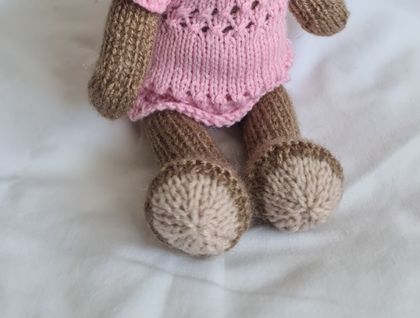 Hand-Knitted Teddy Bear 27cm tall, pink dress and knickers.