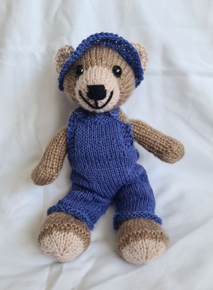 Hand-Knitted Teddy Bear 27cm tall, blue dungarees.