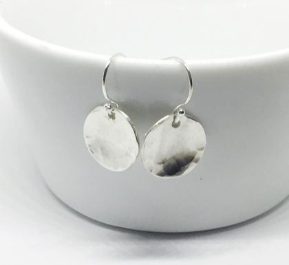 Sterling silver hammered disc dangle earrings  