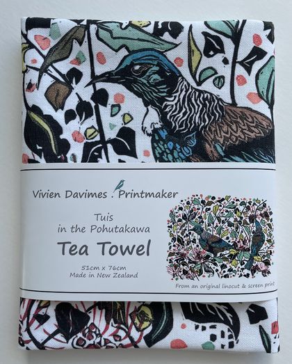 Tui in the Pohutakawa Tea Towel - New Zealand Native Birds collection 