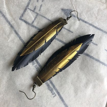 Feather earrings, gold, up-cycled