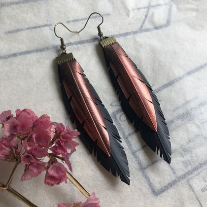 Feather earrings, rose metallic, up-cycled
