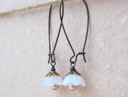 Cherry Blossoms earrings: dainty white glass flowers with pearl centres on long ear-wires