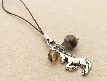 Rearing Pony cellphone charm with rhyolite stone and sparkly brown glass