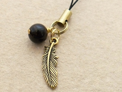 Tiger Feather cellphone charm: tiger-eye stone and gold feather