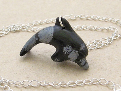 Black Dolphin necklace: hand carved, semiprecious stone dolphin pendant on silver chain