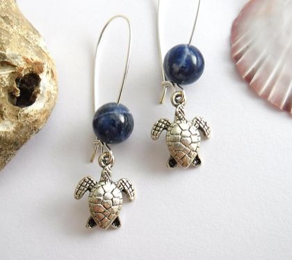 Sea Turtle earrings with sodalite on silver-plated ear-wires