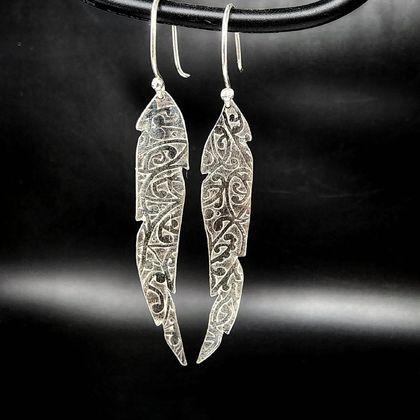 Etched Feather Earrings Silver Small