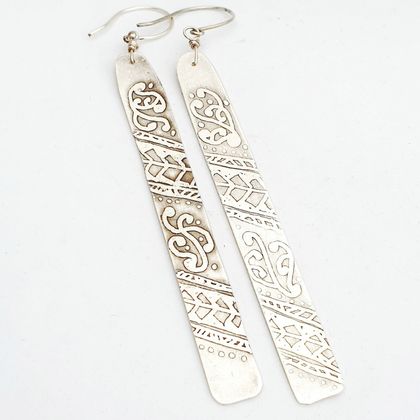 Etched Long Earrings Silver Large
