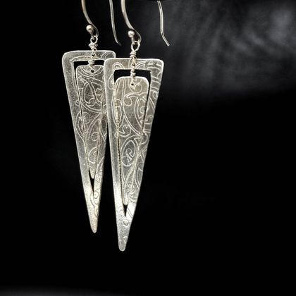 Etched Triangle Earrings Silver Double