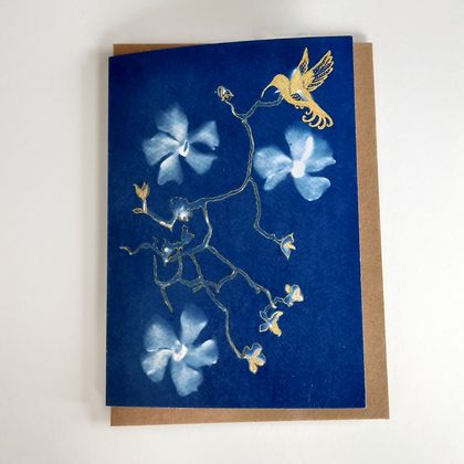 Greeting Card - Botanical Hummingbird Cyanotype
