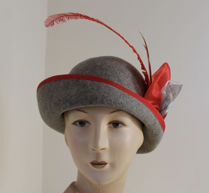Hand stitched Grey Wool Felt Cloche Hat with Red Edge and Feather
