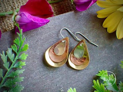 Handmade Teardrop Silver Copper and Brass Earrings