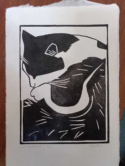 Cat Sleeping - original linocut print, by Vicky Curtin