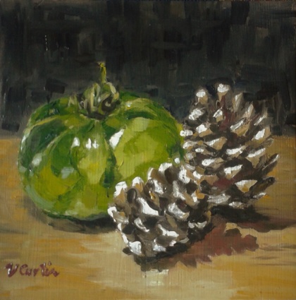 Green Tomato and Pinecones - small original oil painting, by Vicky Curtin