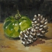 Green Tomato and Pinecones - small original oil painting, by Vicky Curtin