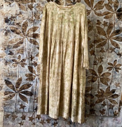 silk dress dyed with choisya leaves and weld.
