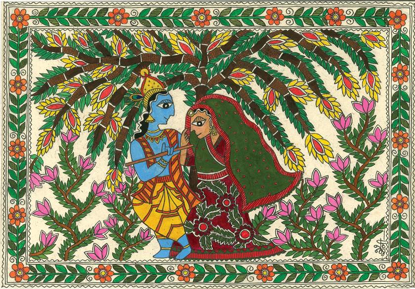 Radha and Krishna in Madhubani - Original painting | Felt