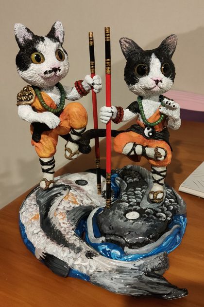 Yin and Yang warrior cats -Original hand made OAK, statuette feline fantasy sculptures white orange black figurines